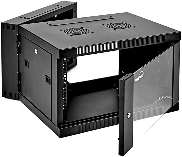 NavePoint 6U Server Cabinet with Hinged Back - 21.6” Deep, 6U Server Rack Enclosure with Locking Glass Door, Wall Mount Rack with Removable Side Panels, 6U Network Cabinet with 2 Fans, Pre-Assembled