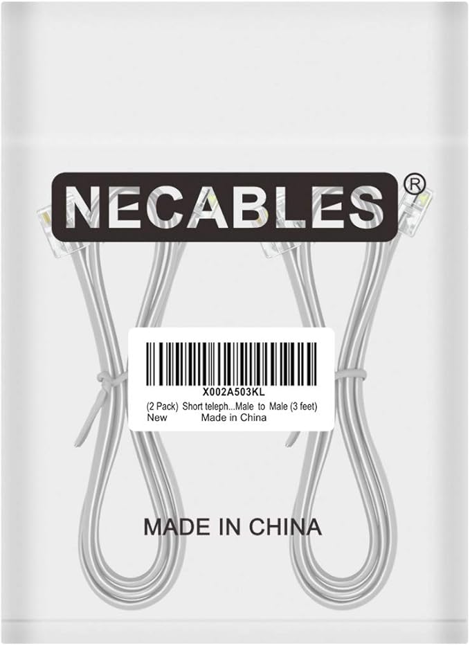 NECABLES 2Pack Phone Cord 3ft Telephone Cord Phone Cable RJ11 6P4C Male to Male for Landline Phone and Fax - 3 Feet