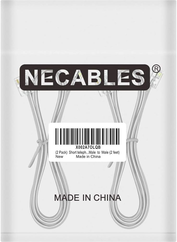 NECABLES 2Pack Phone Cord 2ft Telephone Cord Phone Cable RJ11 6P4C Male to Male for Landline Phone and Fax - 2 Feet