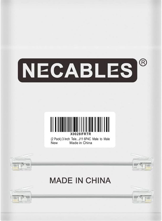 NECABLES 2Pack 3 Inch Short Telephone Cord Phone Cable Wall Phone Cord for Landline RJ11 6P4C Male to Male