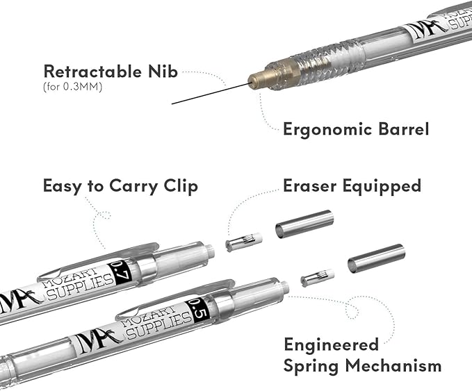 MozArt Mechanical Pencil Set with Case - 4 Sizes: 0.3, 0.5, 0.7 & 0.9mm with 30 HB Lead Refills Each & 4 Eraser Refills -Sketch, Drafting, Art, Drawing Supplies (Clear)