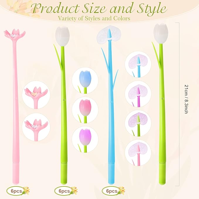 18 Pieces Color Changing Flower Pens Colorful Gel Ink Ballpoint Rose Pens for School Home Office Presents(Cherry Blossom Tulip Calla Lily Style)