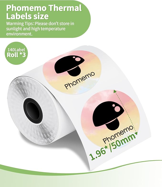 2 Inch Circle Thermal Label Sticker Compatible with Phomemo M110/M221/M220/M120/M200/M110S Label Printers,1.96" x 1.96"(50x50 mm),Round Label Sticker for Gift/Mailing/Business/Home Tag,140labels/Roll