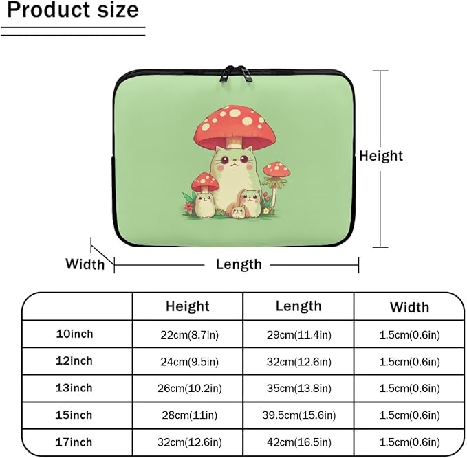 Mushroom Frog Computer Sleeve for Girls 13 inch Laptop Sleeve Women Lap Top Case with Multiple Uses Tablet Bag Cute Animal Laptop Carrying Case Briefcase Green