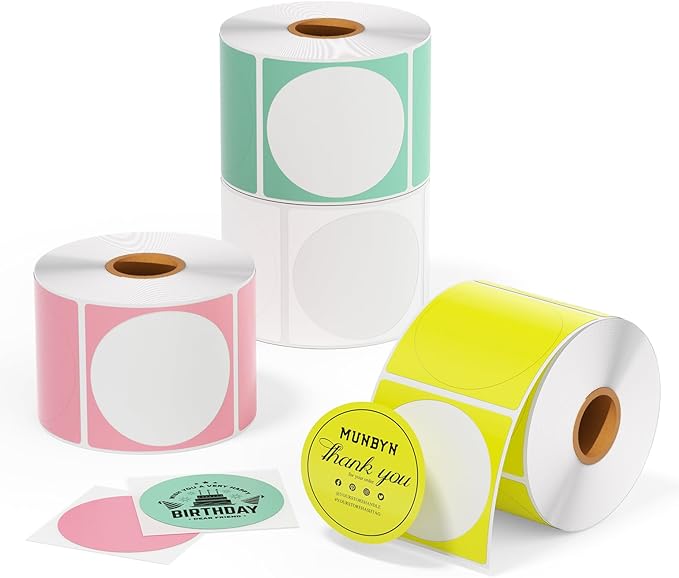 MUNBYN 2 Inch Color Circle Thermal Sticker Label, Self-Adhesive Round Direct Thermal Label for Logo Design, QR Code, White Pink Green Yellow, 3000 Sheets/4 Rolls