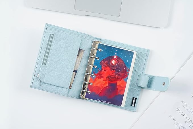 Moterm Pocket Regular Rings Planner - Genuine Leather Binder Organizer (Pebbled-Light Blue, 19mm Ring)