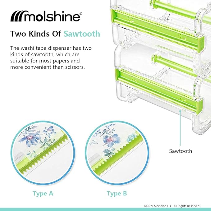 molshine 2 Pack Transparent Desktop Multi Washi Masking Tape Storage Dispenser,Tape Cutter,Tape Roll Holder (Not Include Masking Tape) (Yellow&Green)