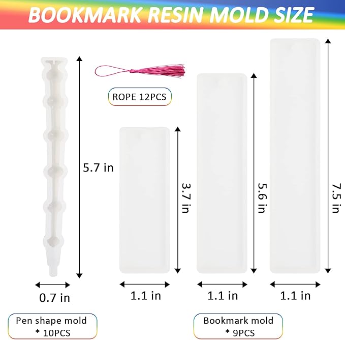 Motiloo 9 Pack DIY Bookmark Resin Mold Rectangle Bookmark with 10Pcs Resin Pen Mold,12Pcs Tassels, Resin Molds Silicone for DIY Craft,Halloween/Xmas/Birthday Gift