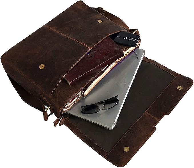 18 inch Vintage Leather Full Flap Messenger Handmade Bag Laptop Bag Satchel Bag Padded Messenger Bag Brown (messenger brown)