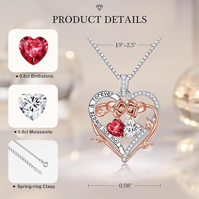 MOOSEA Rose Heart Moissanite Necklace Gifts for Women - S925 Sterling Silver Birthstone Moissanite Necklace 0.8ct D Color VVS1 Clarity, Anniversary Valentines Birthday Gifts for Wife Women Her