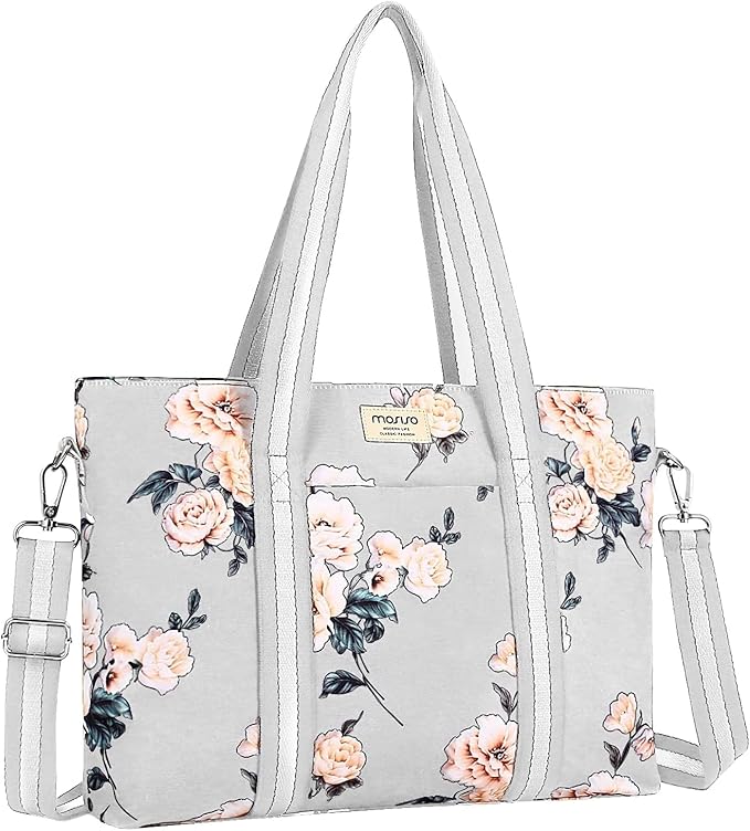 MOSISO Laptop Tote Bag for Women (17-17.3 inch), Canvas Camellia Multifunctional Work Travel Shopping Duffel Carrying Shoulder Handbag, Grey