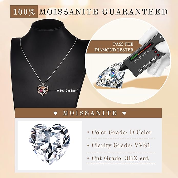 MOOSEA Rose Heart Moissanite Necklace Gifts for Women - S925 Sterling Silver Birthstone Moissanite Necklace 0.8ct D Color VVS1 Clarity, Anniversary Valentines Birthday Gifts for Wife Women Her
