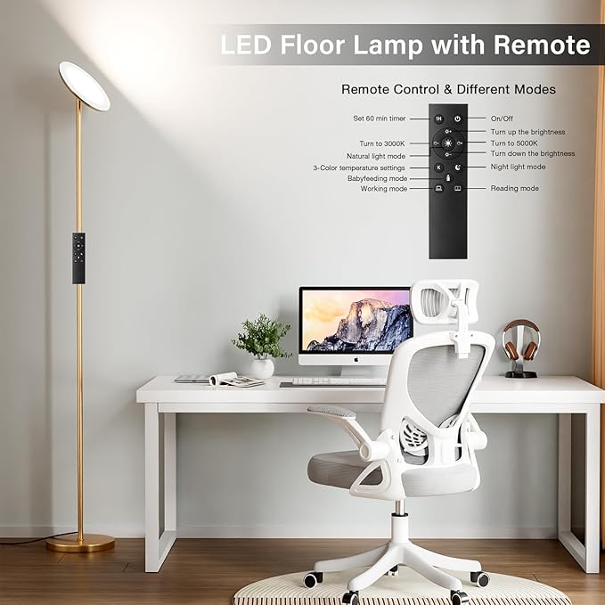 Modern LED Floor Lamp - Remote & Touch Control, 40W/2400LM Sky Torchiere Standing Lamp, Fully Dimmable, 3 Color Temperatures, Ideal for Living Room & Bedroom, Easy to Assemble(Gold)
