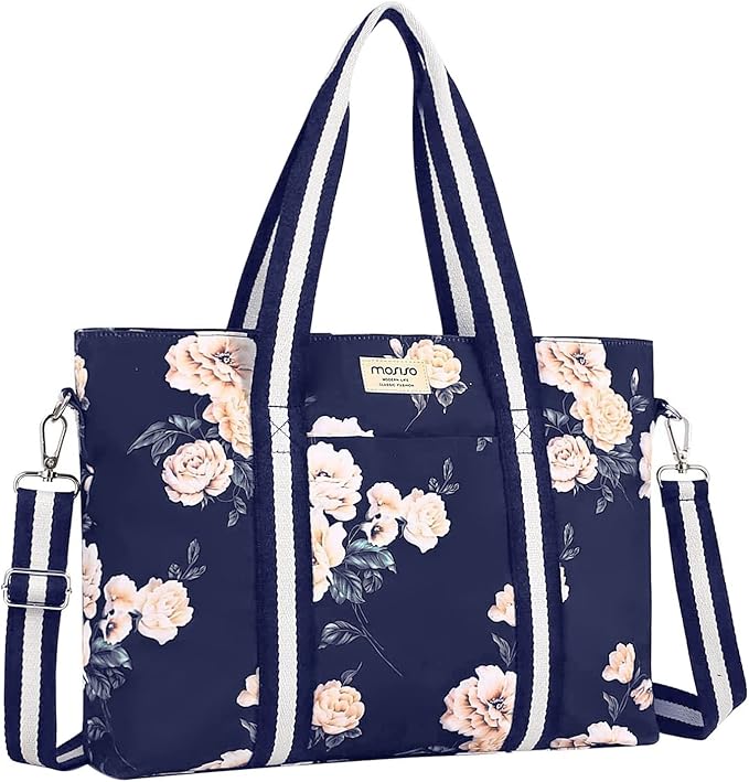 MOSISO Laptop Tote Bag for Women (17-17.3 inch), Canvas Camellia Multifunctional Work Travel Shopping Duffel Carrying Shoulder Handbag, Blue