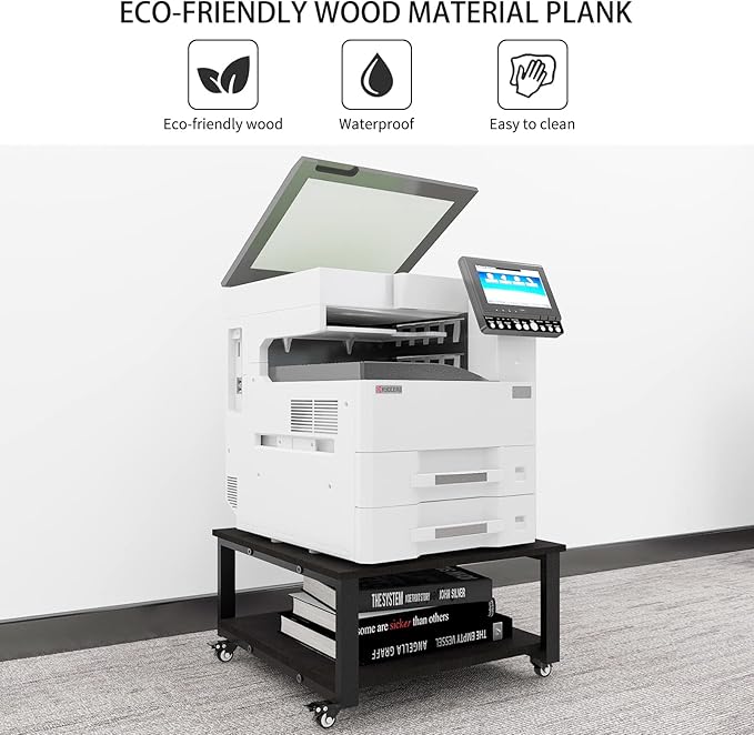 Natwind 2 Tier Laser Printer Stand,23.6''x23.6''x12.6'' Large Printer Table Copier Stand,Heavy Duty Rolling Printer Cart with Paper Storage Shelf,Printer Holder with Wheels for Home Office (Black)