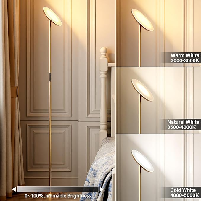Modern LED Floor Lamp - Remote & Touch Control, 40W/2400LM Sky Torchiere Standing Lamp, Fully Dimmable, 3 Color Temperatures, Ideal for Living Room & Bedroom, Easy to Assemble(Gold)