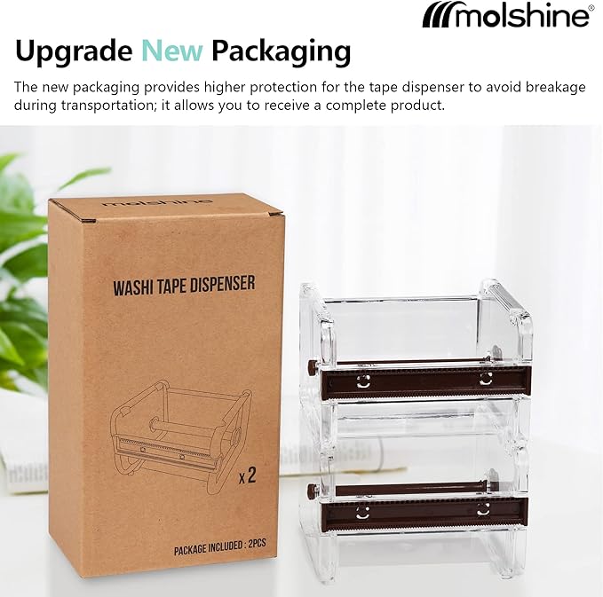 molshine 2 Pack Transparent Desktop Multi Washi Masking Tape Storage Dispenser,Tape Cutter,Tape Roll Holder (Not Include Masking Tape) (Brown)