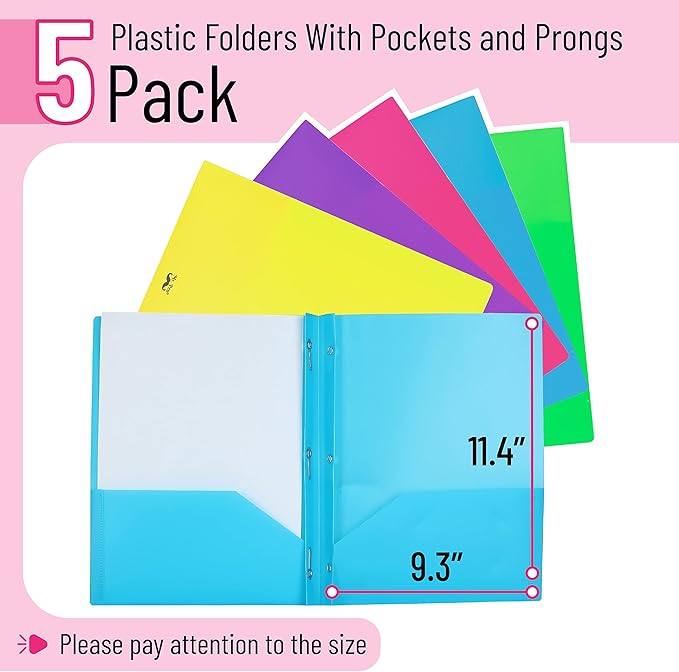 Mr. Pen- Folders with Pockets and Prong with Fasteners, 2 Pocket Folder, 3 Prong Folders, 5 Pack, Plastic