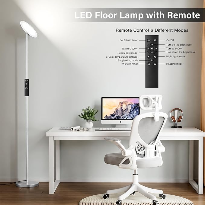 Modern LED Floor Lamp - Remote & Touch Control, 40W/2400LM Sky Torchiere Standing Lamp, Fully Dimmable, 3 Color Temperatures, Ideal for Living Room & Bedroom, Easy to Assemble(Sliver)