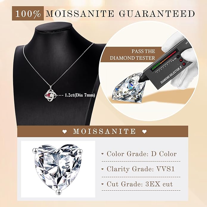 MOOSEA Moissanite Necklace Christmas Gifts for Women - S925 Sterling Silver Love Knot Birthstone Moissanite Necklace 1.2ct D Color VVS1 Clarity, Anniversary Valentines Birthday Gift for Wife Women Her