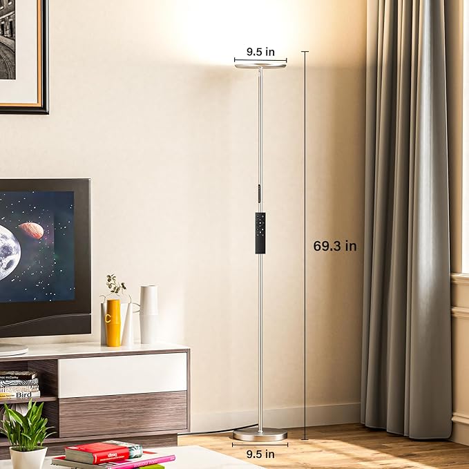 Modern LED Floor Lamp - Remote & Touch Control, 40W/2400LM Sky Torchiere Standing Lamp, Fully Dimmable, 3 Color Temperatures, Ideal for Living Room & Bedroom, Easy to Assemble(Sliver)