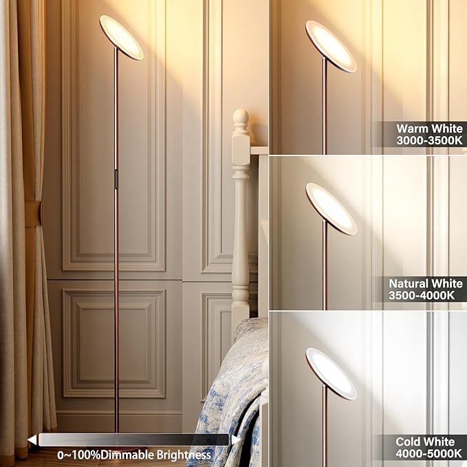 Modern LED Floor Lamp - Remote & Touch Control, 40W/2400LM Sky Torchiere Standing Lamp, Fully Dimmable, 3 Color Temperatures, Ideal for Living Room & Bedroom, Easy to Assemble(Brown)