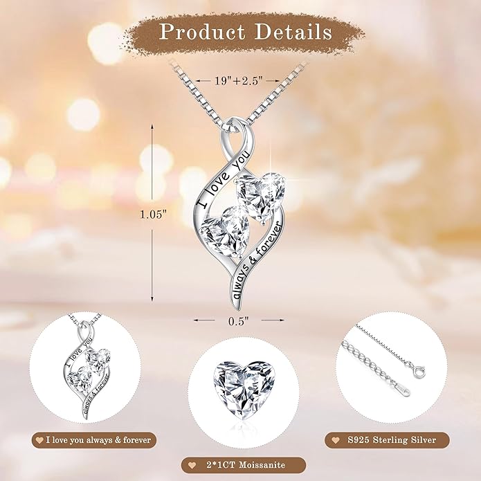 MOOSEA Moissanite Necklace Christmas Gifts for Women - 2CT Heart Moissanite Necklace D Color VVS1 Clarity Lab Created Necklace Anniversary Christmas Gifts for Wife Birthday Gifts for Mom Wife Grandma