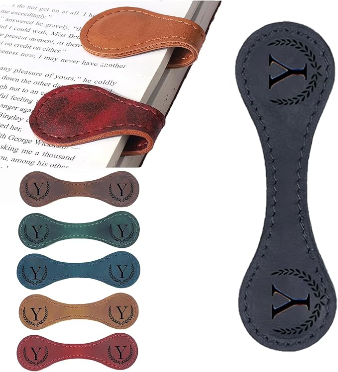 Personalized Magnetic Leather Bookmark, 26 Letters Custom Leather Bookmarks, Handmade, Leather Magnetic Bookmark for Book Lovers Readers Women Kid(Black,Y)