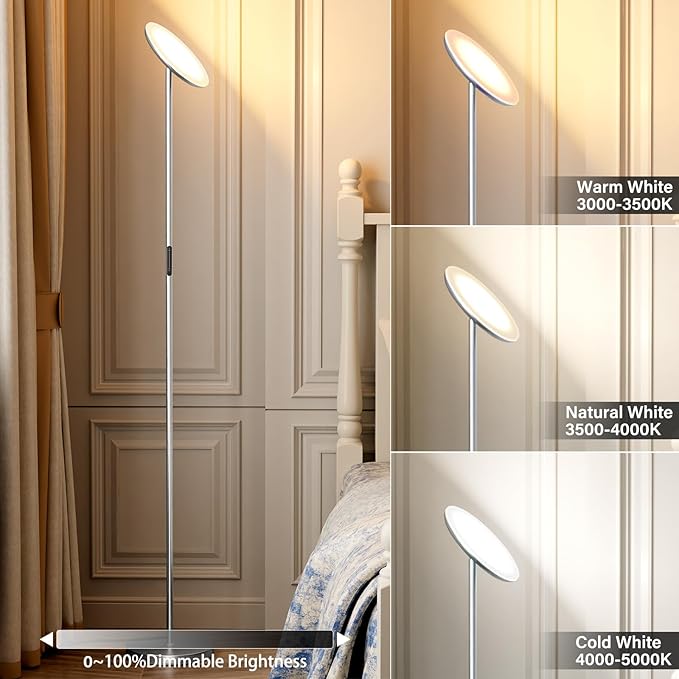 Modern LED Floor Lamp - Remote & Touch Control, 40W/2400LM Sky Torchiere Standing Lamp, Fully Dimmable, 3 Color Temperatures, Ideal for Living Room & Bedroom, Easy to Assemble(Sliver)