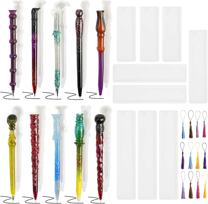 Motiloo 9 Pack DIY Bookmark Resin Mold Rectangle Bookmark with 10Pcs Resin Pen Mold,12Pcs Tassels, Resin Molds Silicone for DIY Craft,Halloween/Xmas/Birthday Gift