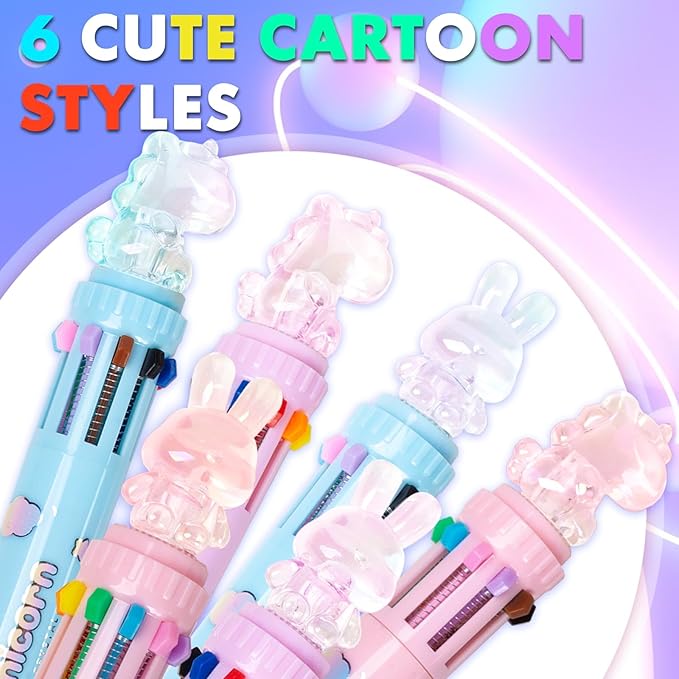 Multicolor Ballpoint Pen 0.7 mm, 10-in-1 Colored Pens Fine Point Retractable Cute Cartoon Animal Ballpoint Pens for Office School Supplies Students Kids Gifts, 6 Pack