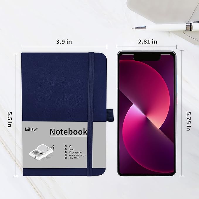 Mlife 3 Pack A6 Small Journal Notebook, Lined Pocket Notebook with Pen Holder, Mini Notebook Hardcover, 192 Pages Blue