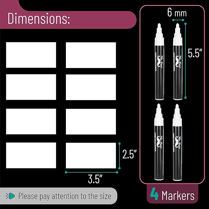 Mr. Pen- White Chalk Markers, 4 Pack, Dual Tip, 8 Assorted Colors, For Non-Porous Surfaces, Reversible Chisel and Bullet Tip