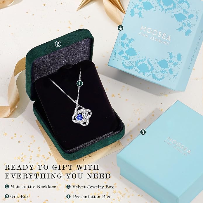 MOOSEA Moissanite Necklace Christmas Gifts for Women - S925 Sterling Silver Love Knot Birthstone Moissanite Necklace 1.2ct D Color VVS1 Clarity, Anniversary Valentines Birthday Gift for Wife Women Her