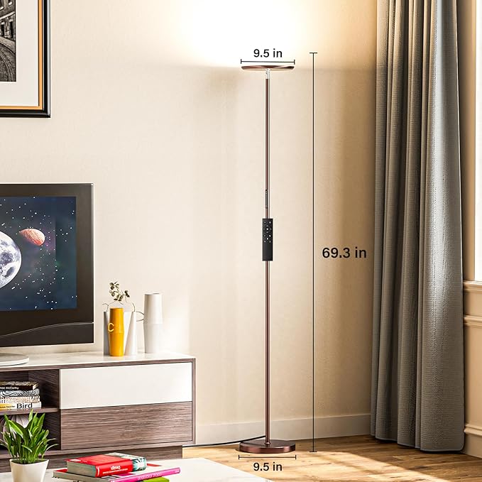 Modern LED Floor Lamp - Remote & Touch Control, 40W/2400LM Sky Torchiere Standing Lamp, Fully Dimmable, 3 Color Temperatures, Ideal for Living Room & Bedroom, Easy to Assemble(Brown)