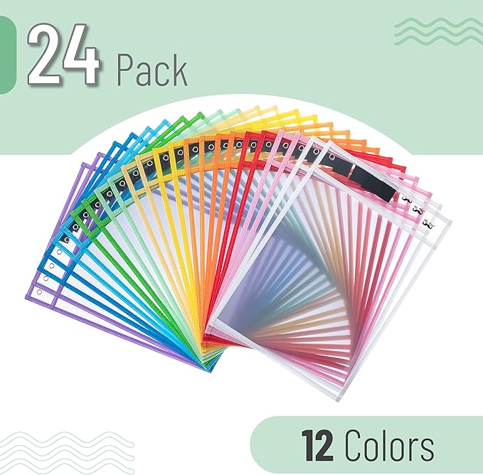 Mr. Pen Pocket Sleeves - 10x14 Inch, Pack of 24 - Colorful, Reusable, Clear Plastic Sleeves for Dry Erase Sheets