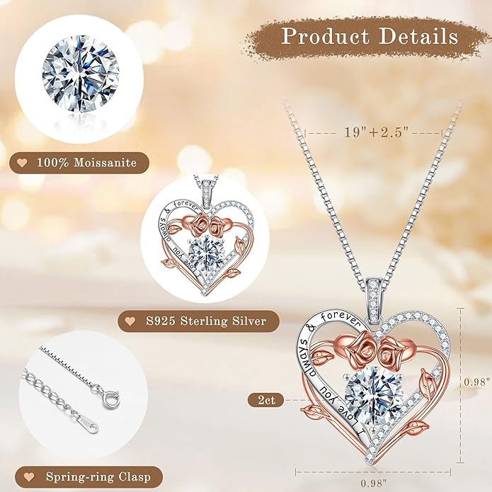MOOSEA Moissanite Necklace Christmas Gifts for Women - S925 Sterling Silver Moissanite Heart Necklace 1-3 ct D Color VVS1 Clarity, Gifts for Wife Anniversary Valentines Birthday Gifts for Wife Women