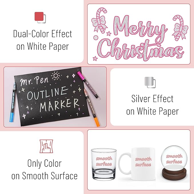 Mr. Pen- Double Line Outline Markers, 24 Colors, Shimmer Markers Outline Double Line, Metallic Outline Markers Self-Outline Metallic Markers, Outline Pens, Outline Marker, Outline Markers for Drawing