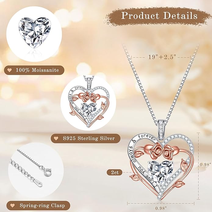 MOOSEA Moissanite Necklace Christmas Gifts for Women - S925 Sterling Silver Moissanite Heart Necklace 1-3 ct D Color VVS1 Clarity, Gifts for Wife Anniversary Valentines Birthday Gifts for Wife Women