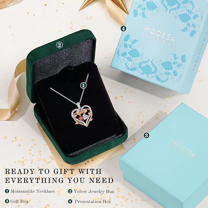 MOOSEA Rose Heart Moissanite Necklace Gifts for Women - S925 Sterling Silver Birthstone Moissanite Necklace 0.8ct D Color VVS1 Clarity, Anniversary Valentines Birthday Gifts for Wife Women Her