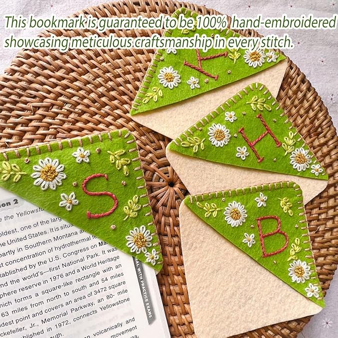 Personalized Hand Embroidered Corner Bookmark, Bookmarks for Women, Personalized Bookmark for Book Lovers, Cute Flower Book Mark by HNQCPCVU (U, Green)