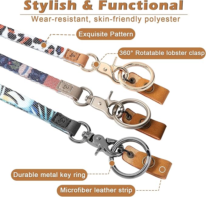 MNGARISTA Neck Lanyard for Keys, Floral Key Lanyard for Women, Durable ID Lanyards with Keyring and Clasp for ID Badges, School ID or Wallets, White Leopard