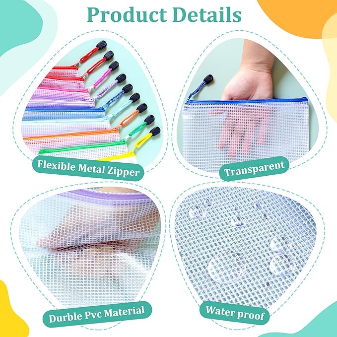 18pcs Mesh Zipper Pouch Board Games Storage Bags, 9 Colors Puzzle Bags, A3 17x12 Inches Large Reusable Zipper Bags for Organizing, Plastic Mesh Bags, Travel, School Office Organization