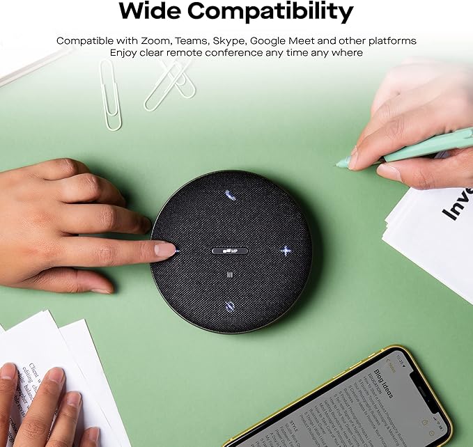MP Mobile Pixels Bluetooth Conference Speakers with 4 Microphone, 13ft Omnidirectional Voice Pickup, USB-C Plug&Play,Noise Reduction, Compatible with Zoom/Teams/Skype/Google Meet