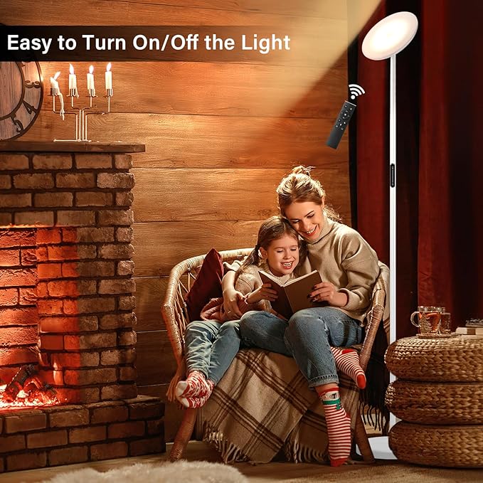 Modern LED Floor Lamp - Remote & Touch Control, 40W/2400LM Sky Torchiere Standing Lamp, Fully Dimmable, 3 Color Temperatures, Ideal for Living Room & Bedroom, Easy to Assemble(White)