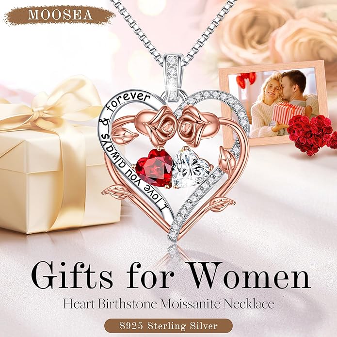 MOOSEA Rose Heart Moissanite Necklace Gifts for Women - S925 Sterling Silver Birthstone Moissanite Necklace 0.8ct D Color VVS1 Clarity, Anniversary Valentines Birthday Gifts for Wife Women Her