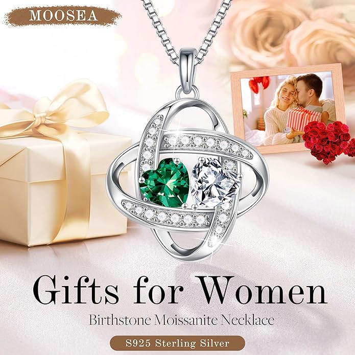 MOOSEA Moissanite Necklace Christmas Gifts for Women - S925 Sterling Silver Love Knot Birthstone Moissanite Necklace 1.2ct D Color VVS1 Clarity, Anniversary Valentines Birthday Gift for Wife Women Her
