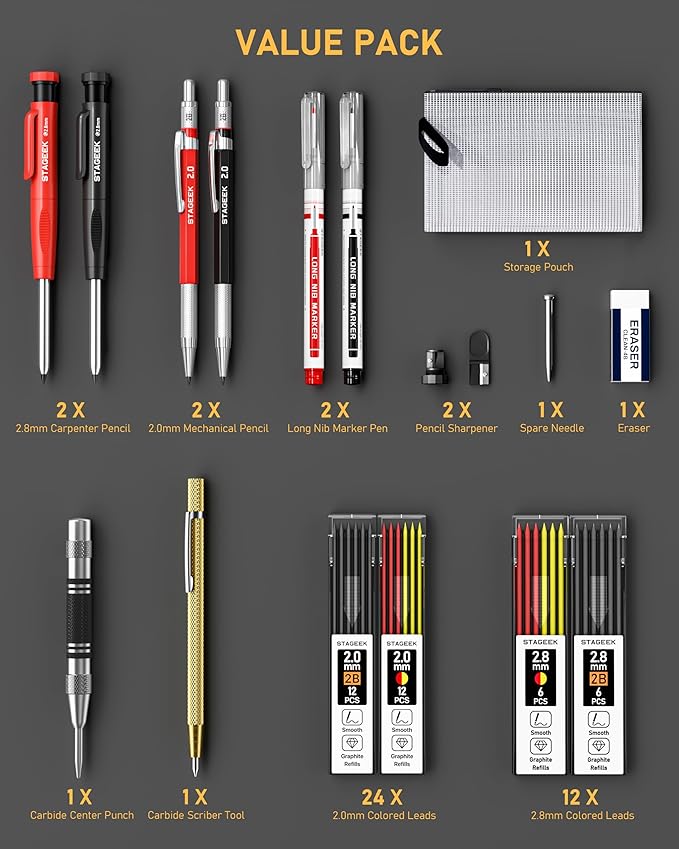 17 Pack Mechanical Carpenter Pencil Set with Sharpener 40 Refills, Automatic Center Punch, Carbide Scribe Tool, Eraser and Deep Hole Marker Pen, Heavy Duty Construction Pencil for Architect-With Pouch