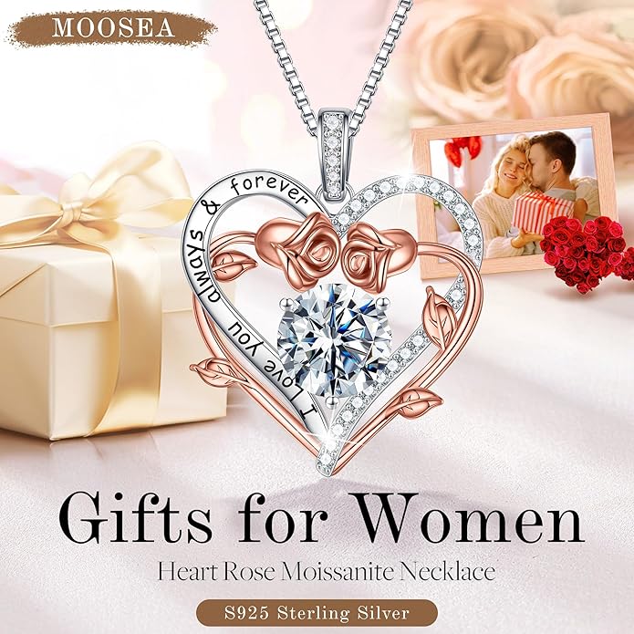 MOOSEA Moissanite Necklace Christmas Gifts for Women - S925 Sterling Silver Moissanite Heart Necklace 1-3 ct D Color VVS1 Clarity, Gifts for Wife Anniversary Valentines Birthday Gifts for Wife Women