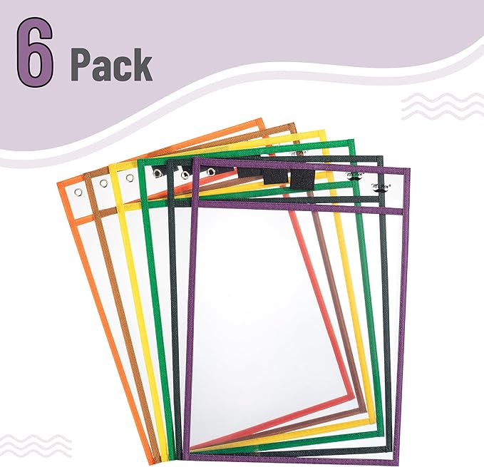 Mr. Pen- Dry Erase Pocket Sleeves, 10"x14", 6 pcs, Colorful Dry Erase Sleeves, Plastic Sleeves for Paper 8.5x11, Dry Erase Pockets Reusable Sleeves, Plastic Paper Sleeves, Dry Erase Sheet Protectors